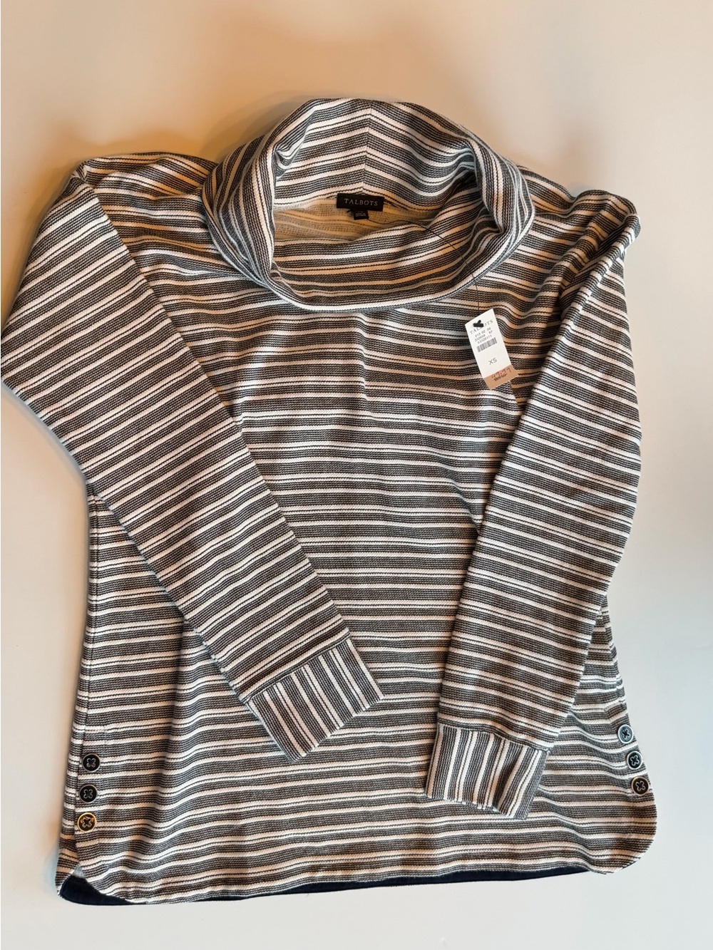 Talbots Gray & White Striped Cowl-Neck Sweater with Side Buttons